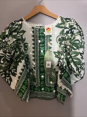FARM Rio Green & White Floral Embroidered Puff Sleeve Blouse
